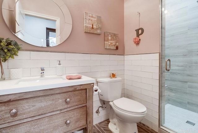 2184 Pacific Crest Dr, Alpine, CA 91901 - bathroom with tile walls, vanity, a shower stall, and wainscoting