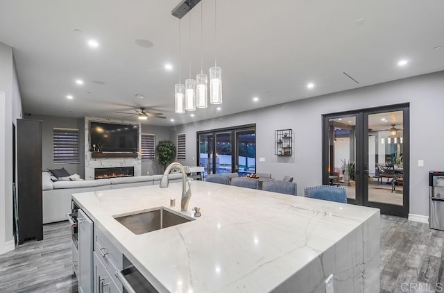 2184 Pacific Crest Dr, Alpine, CA 91901 - kitchen featuring open floor plan, light wood-type flooring, a ceiling fan, french doors, and recessed lighting