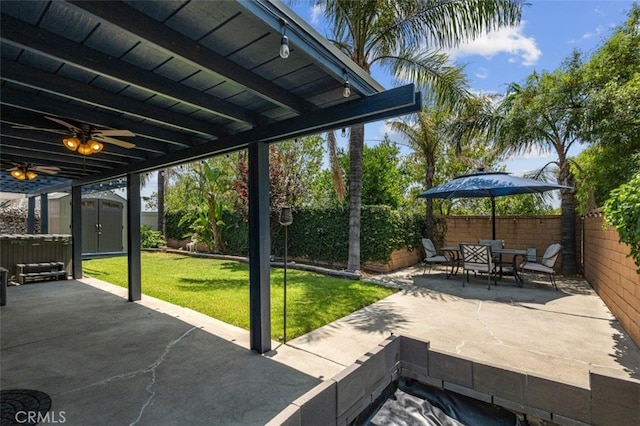 11901 Ardmoor Ct, Rancho Cucamonga, CA 91739 - fenced backyard with a patio, a storage unit, ceiling fan, and a hot tub