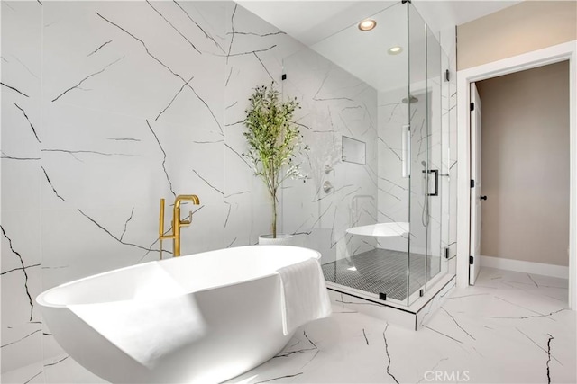 2380 Scenic Ridge Dr, Chino Hills, CA 91709 - full bathroom featuring marble tiled flooring, recessed lighting, a freestanding bath, and a marble finish shower
