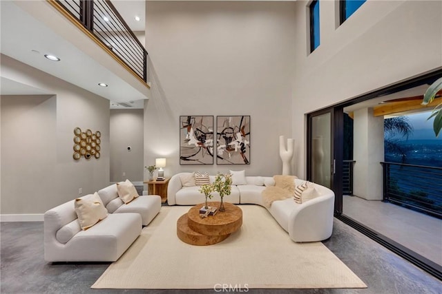 2380 Scenic Ridge Dr, Chino Hills, CA 91709 - living room with concrete floors, a towering ceiling, and recessed lighting