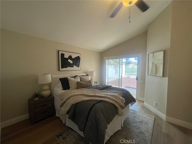 28652 Bridge Water Ln, Menifee, CA 92584 - bedroom with access to outside, lofted ceiling, wood finished floors, and a ceiling fan