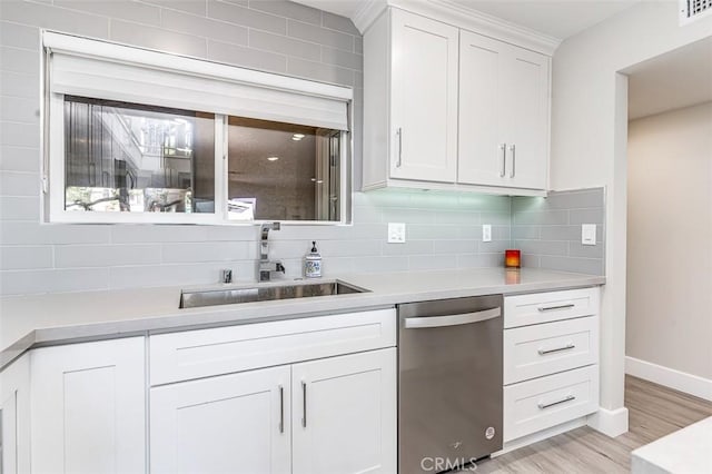 4014 Calle Sonora Oeste Unit 2B, Laguna Woods, CA 92637 - kitchen with dishwasher, tasteful backsplash, white cabinets, and light countertops