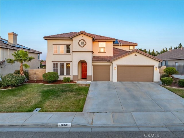 40028 Bluff Ct, Palmdale, CA 93551 - mediterranean / spanish house with stucco siding, a tiled roof, a garage, and driveway
