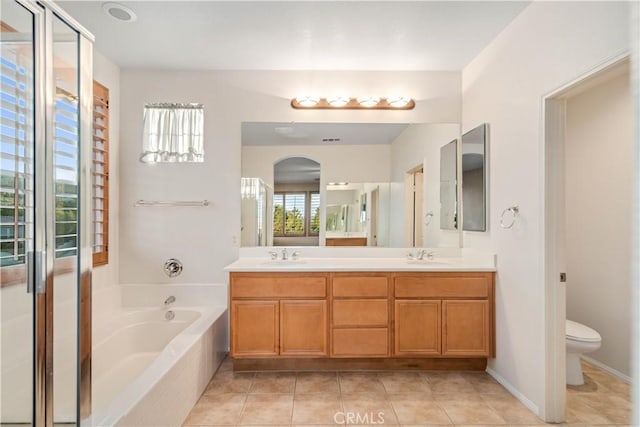 40028 Bluff Ct, Palmdale, CA 93551 - full bathroom with double vanity, a garden tub, tile patterned flooring, and an enclosed shower