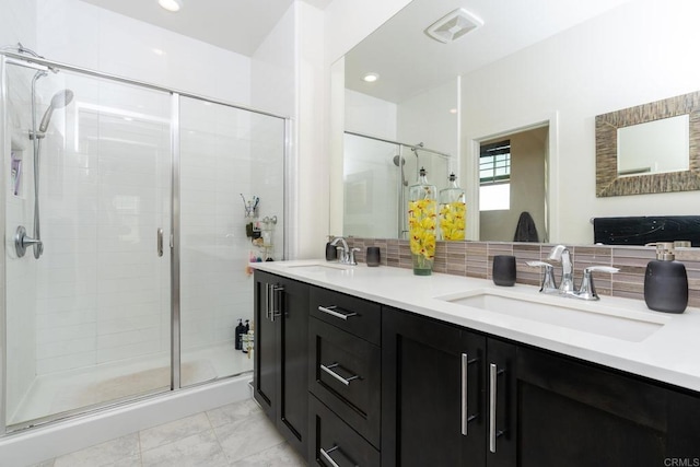 4336 Harbor Way Unit 1, Oceanside, CA 92056 - bathroom with tasteful backsplash, a stall shower, double vanity, and recessed lighting