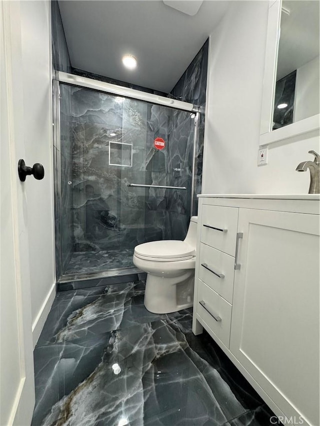 5230 Seville Ave, Encino, CA 91436 - full bathroom with marble tiled flooring, vanity, a marble finish shower, and recessed lighting