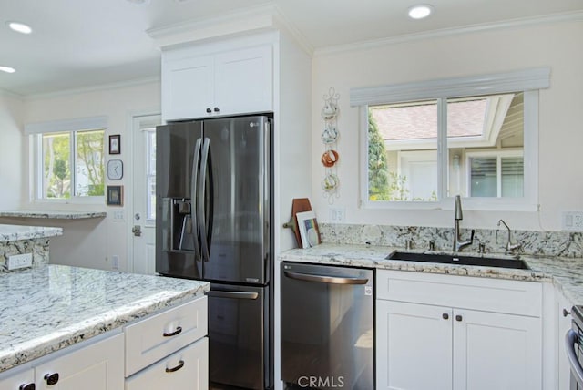 701 Avenida Sevilla Unit C, Laguna Woods, CA 92637 - kitchen featuring stainless steel appliances, white cabinetry, crown molding, light stone counters, and recessed lighting