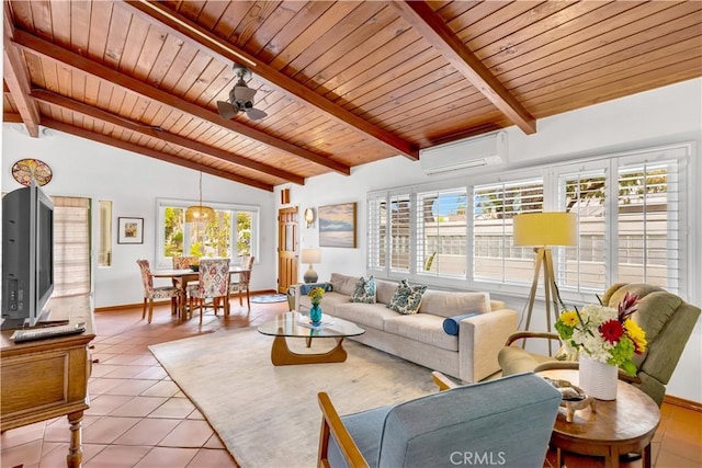 24932 La Cresta Dr, Dana Point, CA 92629 - living area with a wall mounted AC, wooden ceiling, light tile patterned floors, and a ceiling fan