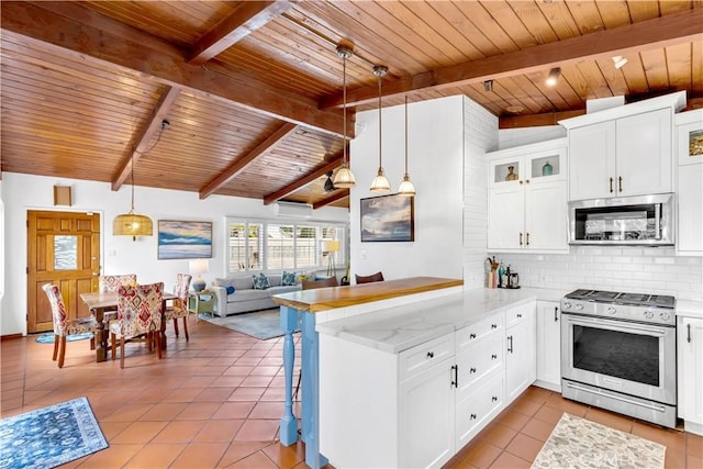 24932 La Cresta Dr, Dana Point, CA 92629 - kitchen featuring stainless steel appliances, wooden ceiling, light tile patterned floors, a peninsula, and tasteful backsplash