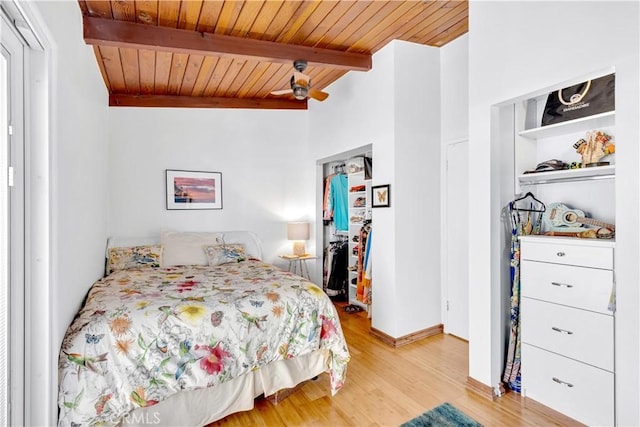 24932 La Cresta Dr, Dana Point, CA 92629 - bedroom featuring a wooden ceiling with exposed beams, light wood finished floors, and a ceiling fan