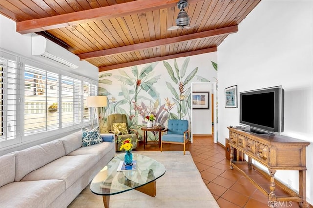 24932 La Cresta Dr, Dana Point, CA 92629 - living area with a wall mounted AC, wooden ceiling, and tile patterned floors