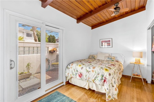 24932 La Cresta Dr, Dana Point, CA 92629 - bedroom with wooden ceiling, light wood-type flooring, a ceiling fan, and access to exterior