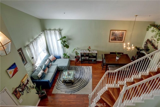 1808 Cave St, Redlands, CA 92374 - living area featuring wood finished floors, a chandelier, lofted ceiling, and stairs