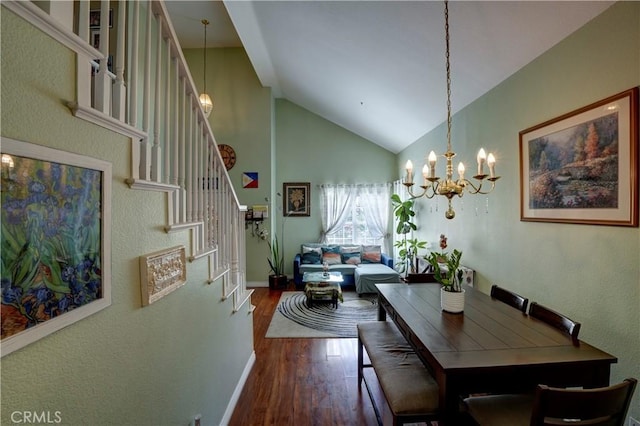 1808 Cave St, Redlands, CA 92374 - dining room with a chandelier, dark wood-style floors, stairs, and high vaulted ceiling