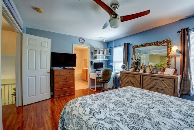 1808 Cave St, Redlands, CA 92374 - bedroom with wood finished floors, a ceiling fan, and connected bathroom