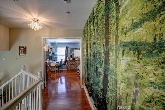 1808 Cave St, Redlands, CA 92374 - hall with wood finished floors, an office area, and a chandelier