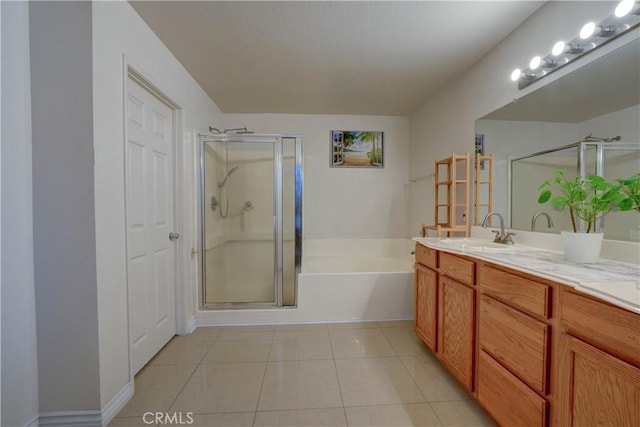1808 Cave St, Redlands, CA 92374 - bathroom featuring a bath, a stall shower, vanity, and tile patterned floors