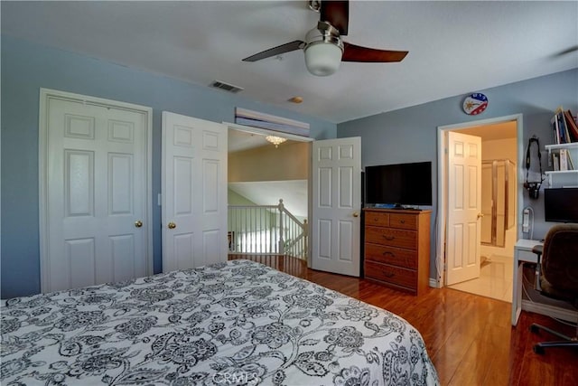 1808 Cave St, Redlands, CA 92374 - bedroom featuring wood finished floors, a ceiling fan, and a desk