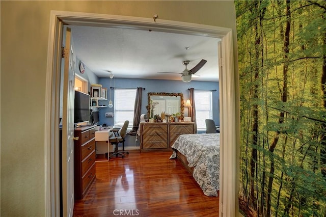 1808 Cave St, Redlands, CA 92374 - bedroom featuring dark wood-style floors, a desk, and a ceiling fan
