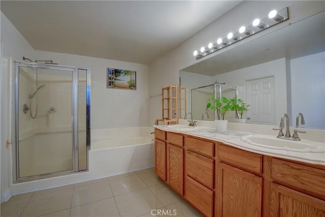 1808 Cave St, Redlands, CA 92374 - full bath with a bath, double vanity, a shower stall, and tile patterned flooring