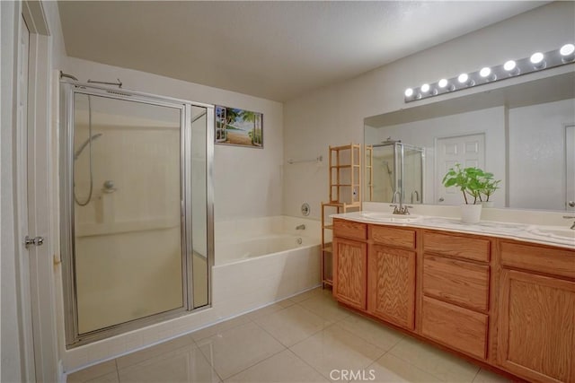 1808 Cave St, Redlands, CA 92374 - bathroom with a shower stall, a bath, double vanity, and tile patterned floors
