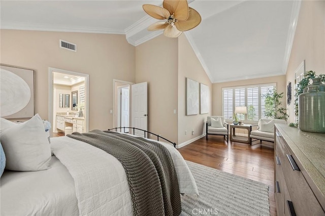 21971 Cayuga Ln N, Lake Forest, CA 92630 - bedroom featuring crown molding, vaulted ceiling, hardwood / wood-style floors, ceiling fan, and ensuite bath