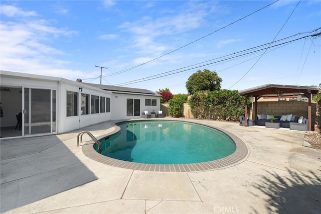 2370 Argonne Ave, Long Beach, CA 90815 - view of pool with an outdoor hangout area, a patio area, a gazebo, a fenced backyard, and a sunroom