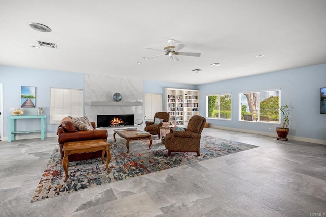 4265 Spoon Bill Way, Oceanside, CA 92057 - living room featuring a high end fireplace, ceiling fan, and recessed lighting