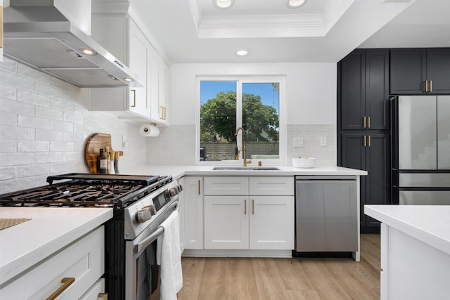 4576 Mariners Bay, Oceanside, CA 92057 - kitchen with stainless steel appliances, wall chimney exhaust hood, a tray ceiling, crown molding, and light countertops