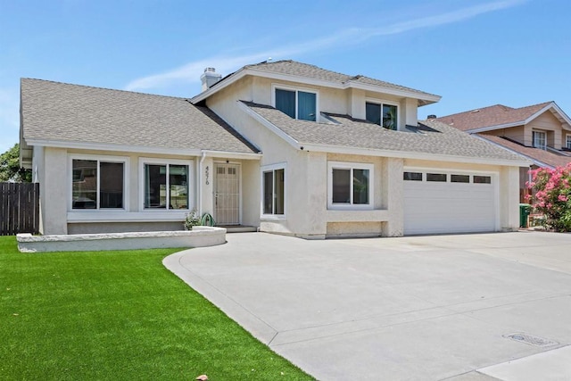 4576 Mariners Bay, Oceanside, CA 92057 - view of front facade with a shingled roof, a garage, stucco siding, concrete driveway, and a chimney