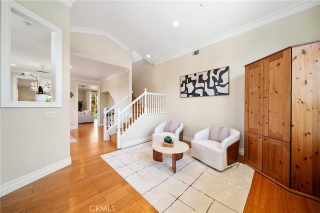 2 Corte Arbertura, San Clemente, CA 92673 - living area featuring light wood-style floors, ornamental molding, stairway, recessed lighting, and vaulted ceiling