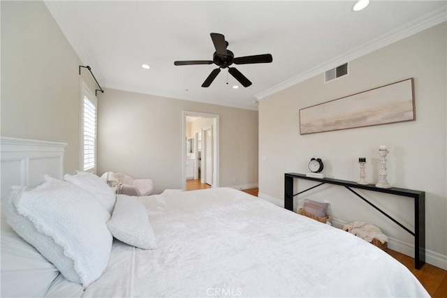 2 Corte Arbertura, San Clemente, CA 92673 - bedroom featuring wood finished floors, crown molding, recessed lighting, a ceiling fan, and ensuite bathroom