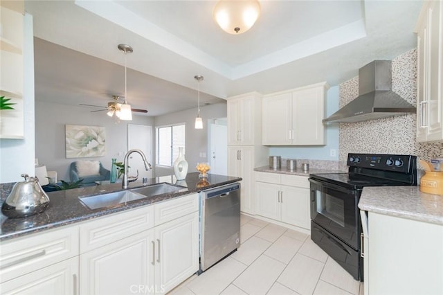 1229 Porto Grande Unit 4, Diamond Bar, CA 91765 - kitchen with wall chimney range hood, dishwasher, black range with electric stovetop, white cabinets, and a ceiling fan