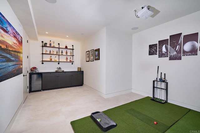 537 N Granados Ave, Solana Beach, CA 92075 - workout room with golf simulator, a bar, and recessed lighting