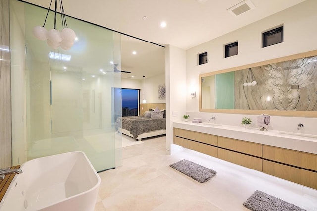537 N Granados Ave, Solana Beach, CA 92075 - ensuite bathroom with a soaking tub, double vanity, ceiling fan, a shower, and recessed lighting