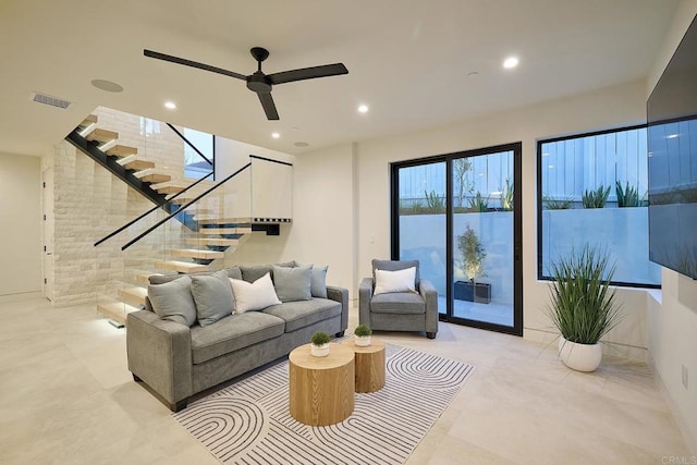 537 N Granados Ave, Solana Beach, CA 92075 - living area featuring stairway, healthy amount of natural light, ceiling fan, and recessed lighting