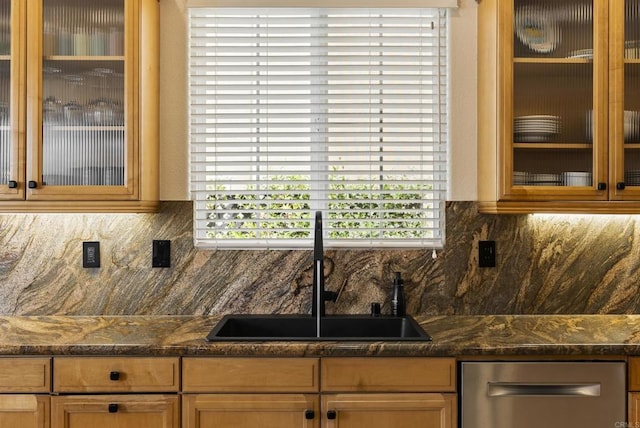 6774 Caurina Ct, Carlsbad, CA 92011 - kitchen featuring dishwasher, backsplash, and glass insert cabinets