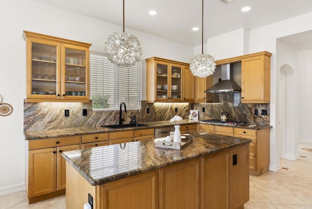 6774 Caurina Ct, Carlsbad, CA 92011 - kitchen with wall chimney range hood, a chandelier, backsplash, a center island, and recessed lighting