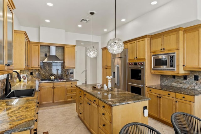 6774 Caurina Ct, Carlsbad, CA 92011 - kitchen featuring appliances with stainless steel finishes, wall chimney exhaust hood, light tile patterned floors, tasteful backsplash, and recessed lighting