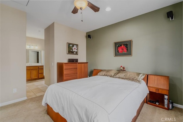 8036 Picasso, Stanton, CA 90680 - bedroom with light colored carpet, ensuite bathroom, and ceiling fan