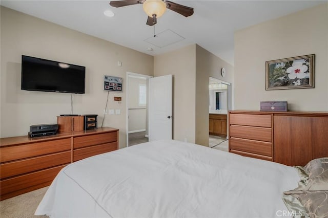 8036 Picasso, Stanton, CA 90680 - bedroom with light carpet, attic access, ensuite bathroom, and a ceiling fan
