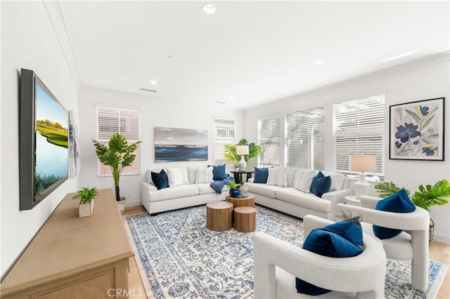 112 Velvet Leaf, Irvine, CA 92620 - living room featuring ornamental molding, light wood-style floors, and recessed lighting