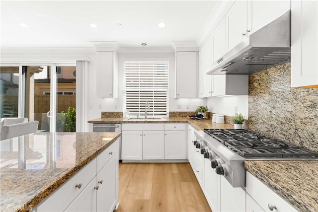 112 Velvet Leaf, Irvine, CA 92620 - kitchen with under cabinet range hood, stainless steel appliances, white cabinets, light wood-style floors, and recessed lighting