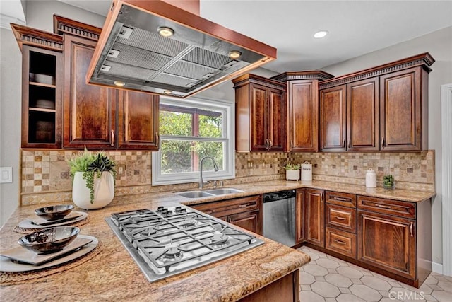 10912 Nighthawk Cir, Fountain Valley, CA 92708 - kitchen featuring extractor fan, appliances with stainless steel finishes, decorative backsplash, recessed lighting, and light stone countertops