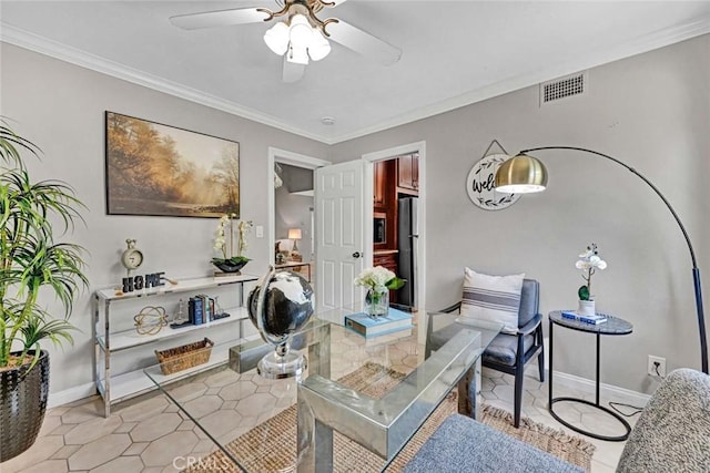 10912 Nighthawk Cir, Fountain Valley, CA 92708 - living room with ceiling fan, crown molding, and light tile patterned flooring