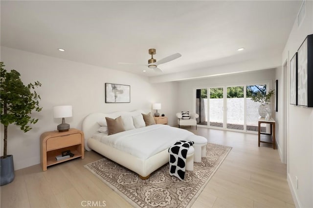 45 Oaktree Ln, Rolling Hills Estates, CA 90274 - bedroom featuring recessed lighting, light wood-style flooring, a ceiling fan, and access to exterior