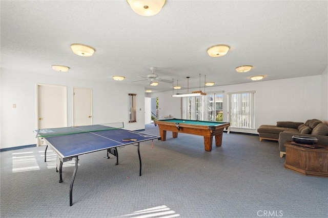 5160 Atherton Unit 73, Long Beach, CA 90815 - rec room with billiards, carpet, a textured ceiling, and ceiling fan