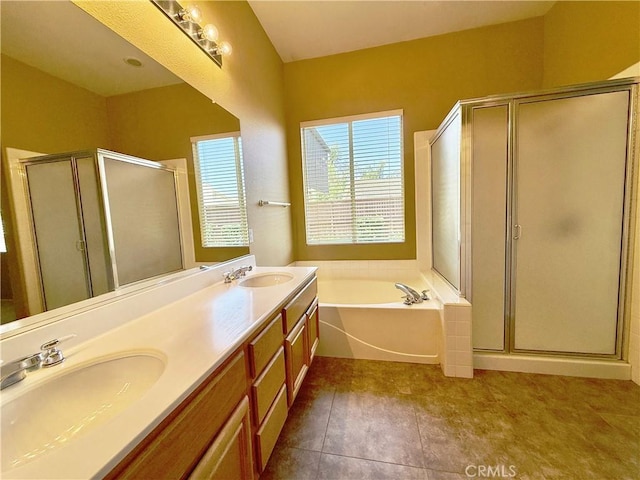 42977 Calle Londe, Temecula, CA 92592 - full bathroom with a garden tub, double vanity, a stall shower, and tile patterned flooring