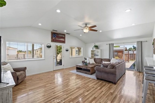 4187 County Road M, Orland, CA 95963 - living room featuring vaulted ceiling, ceiling fan, light wood finished floors, and recessed lighting
